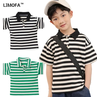 LJMOFA Áo Polo Cho Bé cotton Tay Ngắn Họa Tiết Kẻ Sọc Đơn Giản Áo Polo Cộc Tay Bé Trai 7 Tuổi