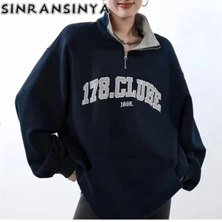 Sinransinya Áo sweater Cổ polo Màu Trơn Thêu Chữ Phối Khóa Kéo Thời Trang Đường Phố Mỹ Cao Cấp Cho Nam