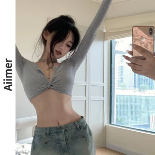 Croptop dài tay cổ chữ V màu xám mùa xuân thu dành cho nữ