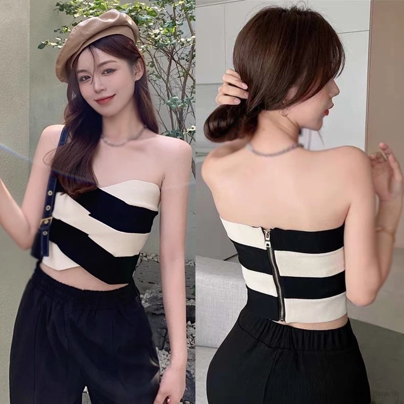 Áo croptop Dệt Kim Sát Nách Hoạ Tiết Kẻ Sọc Màu Sắc Tương Phản Thời Trang Mùa Hè Cho Phái Nữ