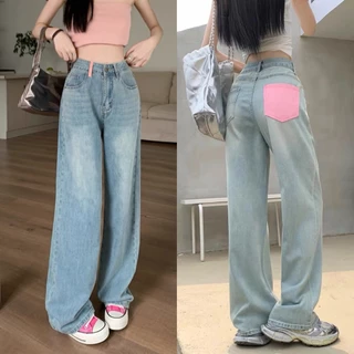 Quần Jeans Nữ Bigsize Suông Ống Rộng Màu Xanh Đá Phối Túi Hồng, Phối Đai Hồng 0044 Thời Trang MoLi Jean