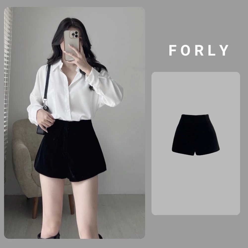 Quần short nhung Forlyoffical cạp cao dáng xoè kéo khóa T018