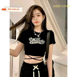 Áo croptop tay ngắn ôm body phối dây eo QUEEN