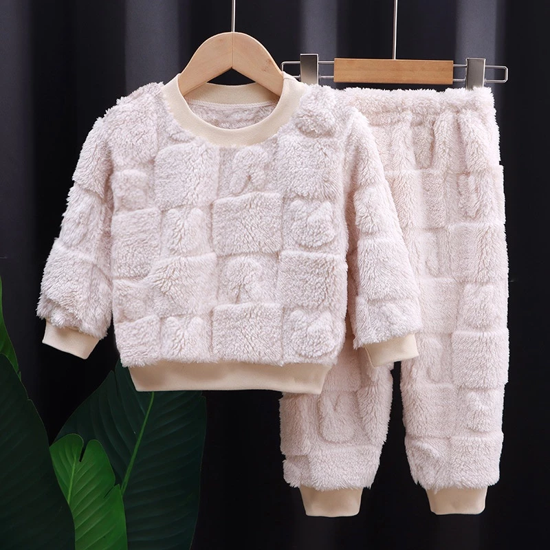 Bộ Đồ Ngủ Flannel Trẻ Em 80-160cm Thu Đông Bé Trai Bé Gái Lông Cừu Ấm Áp Homewear Bộ Hai Mảnh