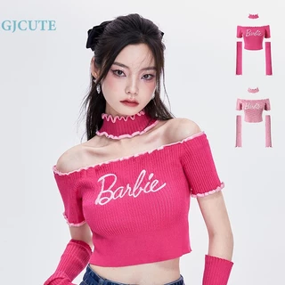 Áo Croptop Dệt Kim Trễ Vai In Chữ gjcute y2k Màu Hồng Có Tay Áo wtd