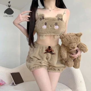 Crlnhc Bộ Đồ Ngủ Áo Croptop + Quần Short Vải Lông Mềm Mại Thời Trang Cho Nữ vn