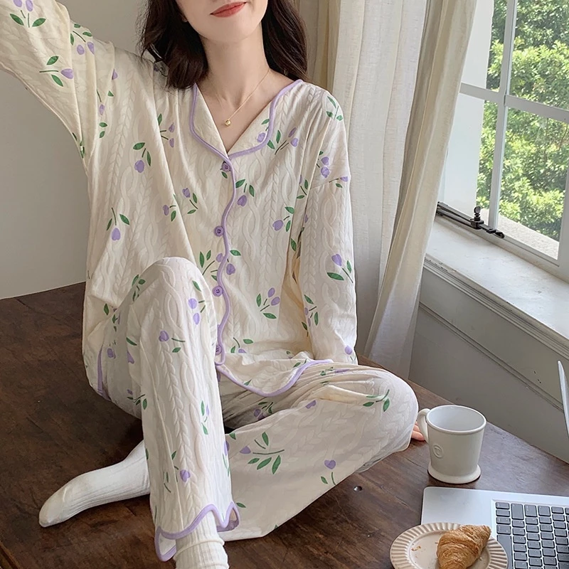 Bộ Đồ Ngủ Tay Dài Chất cotton Dáng Rộng In Họa Tiết Hoa Xinh Xắn Thời Trang Xuân Thu Cho Nữ b3kf