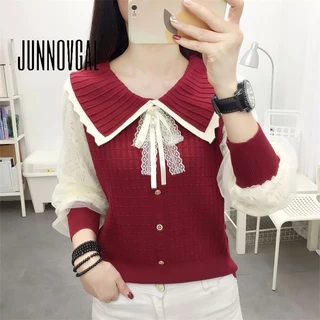 Junnovgal Áo Sweater Tay Dài Cổ Bẻ Ôm Dáng Phối Màu Tương Phản Thời Trang Mùa Thu 2023 Cho Nữ