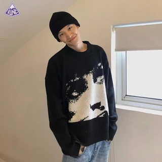 Vunc Áo sweater Dệt Kim Cổ Tròn Dáng Rộng In Họa Tiết Thời Trang Đường Phố Mỹ Cho Nam