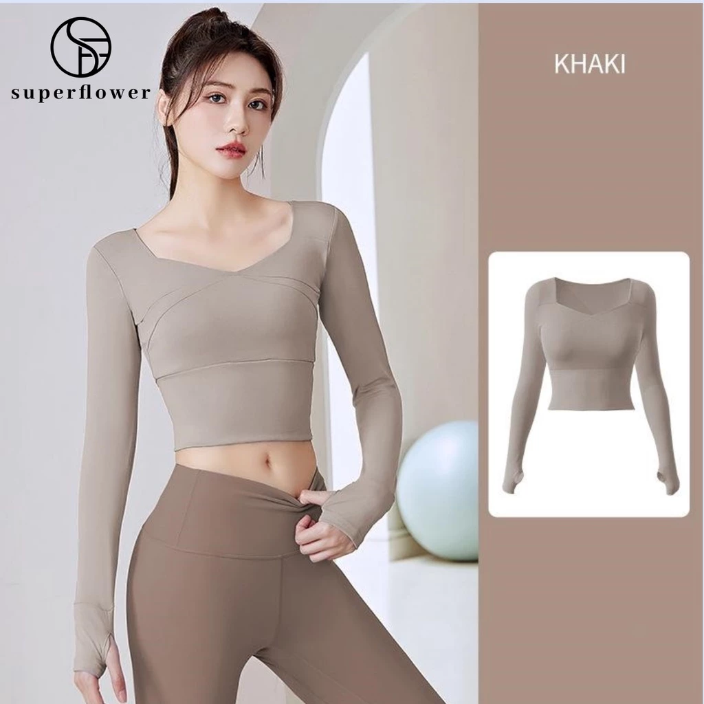 Superflower Áo Thun Thể Thao Tay Dài Có Mút Đệm Ngực Dành Cho Tập gym / yoga