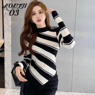 Áo sweater Dệt Kim Mỏng Cổ Cao Dáng Ôm Kẻ Sọc Thời Trang Thu Đông Cho Nữ