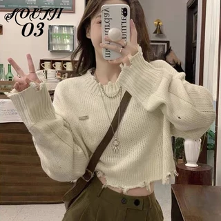 Áo sweater Dệt Kim Tay Dài Dáng Rộng Ngắn Phối Lông Thời Trang Thu Đông 2024 Mới Cho Nữ