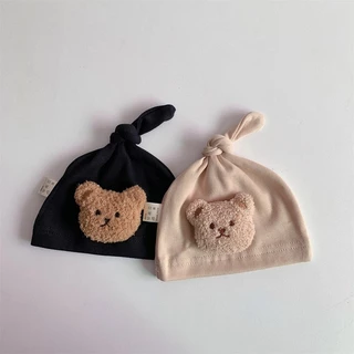 Mũ Beanie Cotton Mềm Màu Trơn Hình Gấu Dễ Thương Cho Trẻ Sơ Sinh