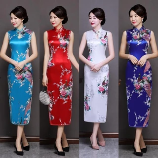 Đầm dạ hội sườn xám dài dành cho nữ Qipao không tay in hình con công năm mới Plus Size S-3XL ❆ 年