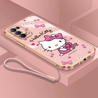 Ốp Lưng Cho OPPO Reno 5 Pro 6 Pro 4 6Z 4Z 6 Z 5G Mạ Siêu Mỏng Vuông Hoạt Hình Đáng Yêu Hello kitty Vỏ Điện Thoại Silicon Có Dây Buộc