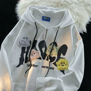 Áo Khoác hoodie Chui Đầu Dáng Rộng In Hoạt Hình Phối Khóa Kéo Kiểu Hàn Quốc Dễ Thương Cho Nữ