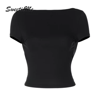 Áo Thun Crop Top Tay Ngắn Cổ Tròn Màu Trơn Thời Trang 2024 Dành Cho Nữ