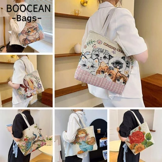 BOOCEAN Túi tote canvas Sức Chứa Lớn Họa Tiết Hoa Hoạt Hình Dễ Thương Có Thể Tái Sử Dụng