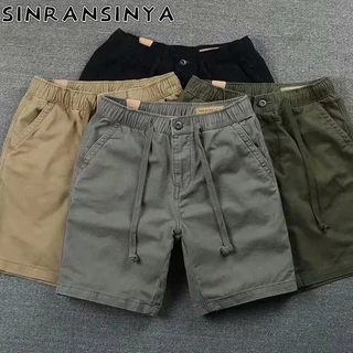 Sinransinya Quần Short Lưng Thun Nhiều Túi Màu Trơn Phong Cách retro Đường Phố Mỹ Cho Nam