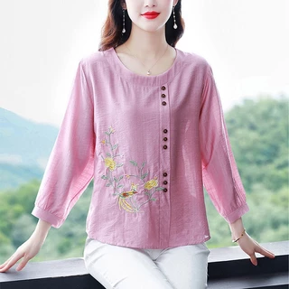 Áo Thun cotton Lanh Thêu Họa Tiết Đơn Giản Phong Cách retro Thời Trang Mùa Thu Cho Nữ