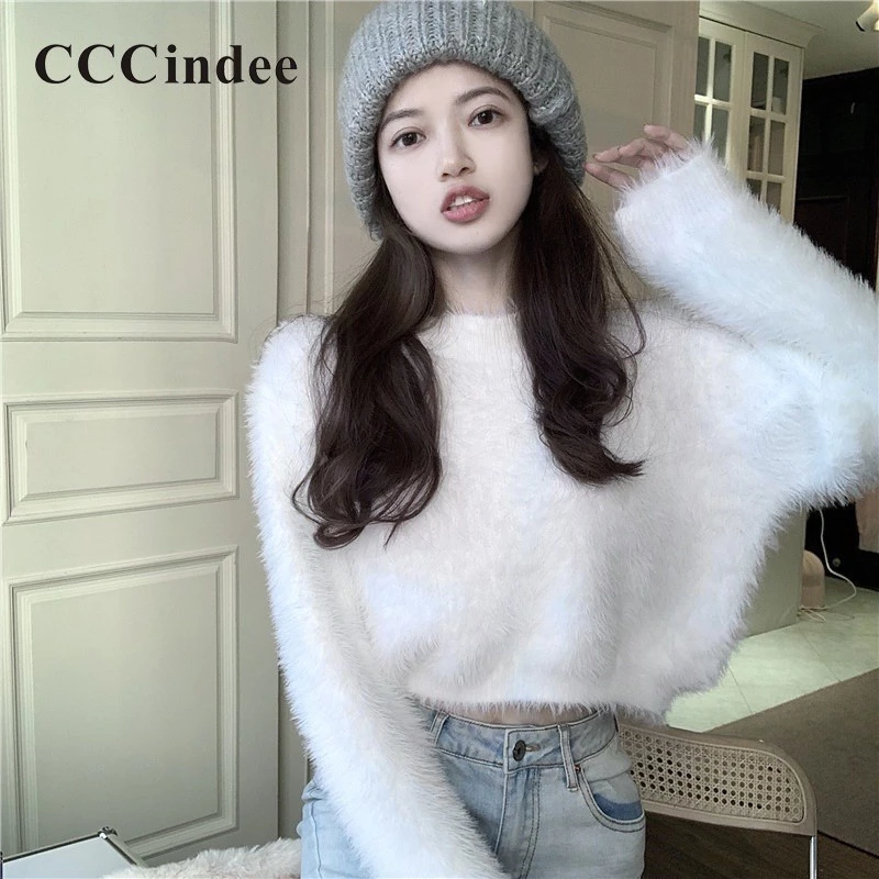 Cccindee Áo sweater Cổ Tròn Tay Dài Dáng Rộng Màu Trơn Thời Trang 2023 Dành Cho Nữ