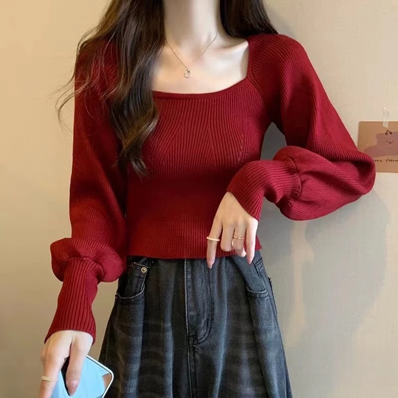 Áo Cổ Vuông Áo Sweater Dệt Kim Cổ Vuông Tay Phồng Thời Trang Thu Đông Cho Nữ