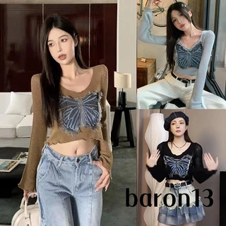 Xo8k-áo Croptop Dệt Kim Tay Dài Cổ Chữ v Dáng Ôm Thời Trang Xuân Thu Đường Phố Cho Nữ