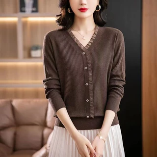 Áo sweater Dệt Kim Tay Dài Cổ Chữ v Ôm Dáng Phong Cách Hàn Quốc Thời Trang Cho Nữ