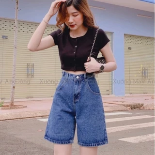 Quần ngố nữ ống rộng, quần short jean lưng cao mẫunh đâm- xanh nhạt 2 đai siêu dễ thương giá rẻ