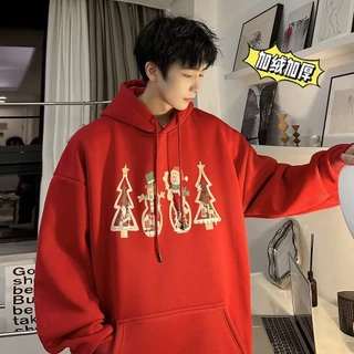 🔥8XL áo hoodie nam áo khoác cổ đứng🔥form rộng big size tới 120kg Nhung Mềm Dáng Rộng Tay Dài In Hình Cây Thông Giáng Sinh Kiểu Mỹ