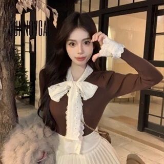 Junnovgal Áo Sweater Dệt Kim Tay Dài Thắt Nơ Phối Màu Tương Phản Thời Trang 2024 Cho Nữ