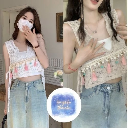 Áo Sát Nách Croptop Cổ Xẻ V Đan Móc Ren Dệt Kim Nữ Đính Bông Lông Phong Cách Boho Có Dây Cột | Tổng Kho Thảo Chi