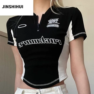 Áo thun nữ croptop JINSHIHUI A29J18P 36Z230909 thiết kế dáng ôm phong cách thời trang Hàn Quốc 2023 chất lượng cao