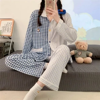 Bộ Đồ Ngủ Pijama Phong Cách Nhật Bản Thời Trang Cho Nữ Bộ Đồ Mặc Ở Nhà Tay Dài Kẻ Sọc Ca Rô Màu Xanh Tương Phản Thời Trang Xuân Thu Cho Bé Gái