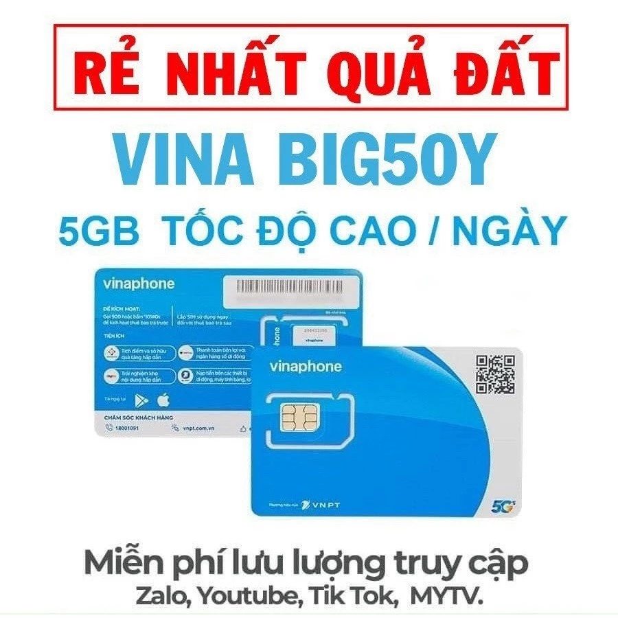 Sim 4g Data Vinaphone BIG50Y trọn gói 3 tháng 5G/ngày