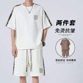 【luckin men's】oversize，set đồ nam bigsize，hàn quốc，áo sơ mi，thời trang nam，áo phông nam，Set Áo Thun Ngắn Tay plus size + Quần short Caro In Hình Quả Dứa Phong Cách Trung Hoa Thời Trang Mùa Hè Cho Nam， đồ bộ nam，quần áo nam mùa hè，áo nam đẹp，quần short