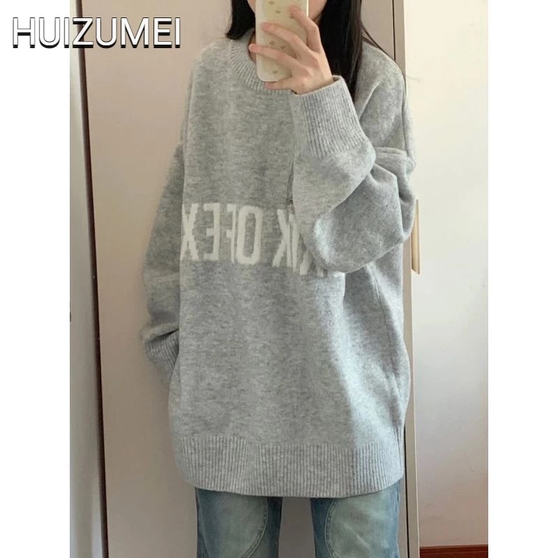 HUIZUMEI Áo sweater Dệt Kim Tay Dài Dáng Rộng In Chữ Phong Cách Đại Học Cho Nữ