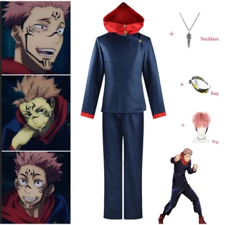 Anime Jujutsu Kaisen Itadori Yuji Trang Phục Hóa Trang Cho Người Lớn Nam Đen Xanh Áo Khoác Áo Khoác Quần Hồng Ngắn Tóc Giả Vòng Cổ Nhẫn Cho Nam Carnival Bộ Đồng Phục