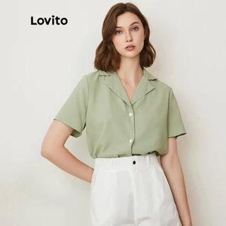 Lovito Cổ khía thường Áo cánh ngắn tay L24AD002 (Xanh nhạt)