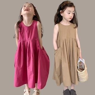 Thích hợp cho bé 12-40kg váy vest mùa hè mới cho trẻ em Váy cotton đơn giản Hàn Quốc