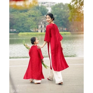Áo dài cách tân mẹ và bé màu đỏ chất vải gấm cao cấp , hàng thiết kế giá rẻ