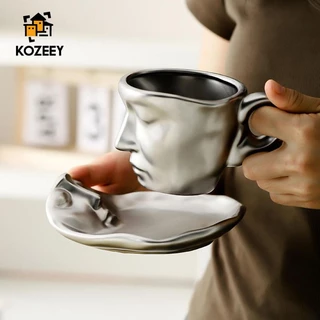 Kozeey Bộ Cốc Và Đĩa Mới Lạ 100ml Mặt Người Cốc Sáng Tạo Trừu Tượng Cốc Espresso Cho Văn Phòng