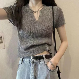 Áo sweater Dệt Kim Tay Ngắn Cổ Chữ V Dáng Ôm Phong Cách retro Thời Trang Mùa Hè Dành Cho Nữ