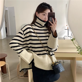 Áo sweater Cổ Cao Kẻ Sọc Dáng Rộng Xẻ Tà Bên Trong Phong Cách Hàn Quốc Thời Trang Thu Đông Cho Nữ