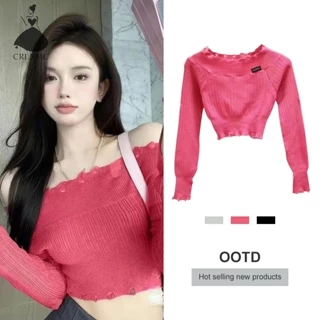 Áo Croptop Dệt Kim Trễ Vai Phong Cách retro Quyến Rũ Cho Nữ vn