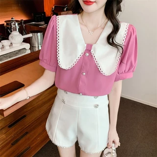 Áo Sơ Mi Chiffon Tay Ngắn Màu Sắc Tương Phản Phong Cách Phương Tây Cho Nữ