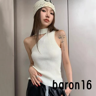 Áo Croptop Dệt Kim Không Tay Cổ Cao Ôm Dáng Phong Cách vintage Thanh Lịch Cho Nữ