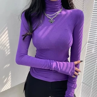 Áo thun dài tay Yuewen Nữ đầu thu Phiên bản Hàn Quốc Slim-Fit All-Match sang trọng Top Thời trang bên trong cổ rùa