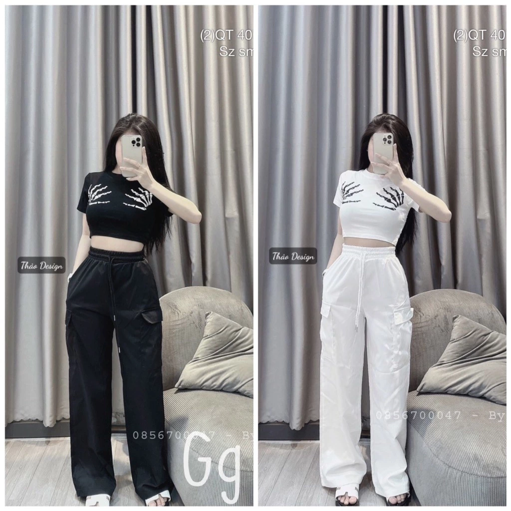 Set bộ đồ nữ đi chơi,áo croptop tay ngắn họa tiết in bàn tay phối quần ống rộng năng động cá tính 2 màu chất siêu đẹp