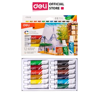 [HỌA CỤ DELI] Màu nước Acrylic dạng tuýp 12ml Deli - 12/24 màu - 1 hộp - EC12